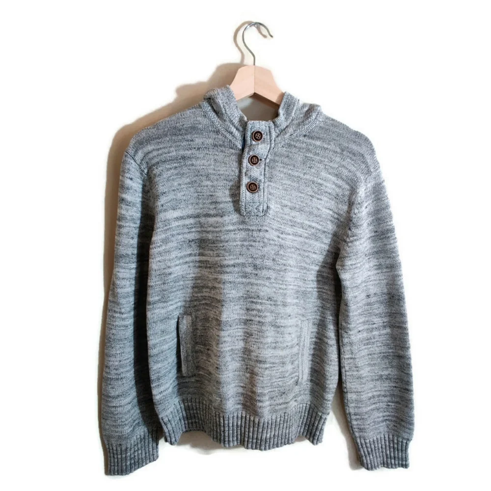 H&M L.O.G.G. Men's Gray Knit Henley Button Up Long Sleeve Hoodie Sweater Top M